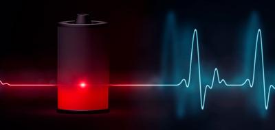 Conceptual illustration shows an EKG-like pulse of energy flatlining as it enters a battery, then coming back to life as it exits 