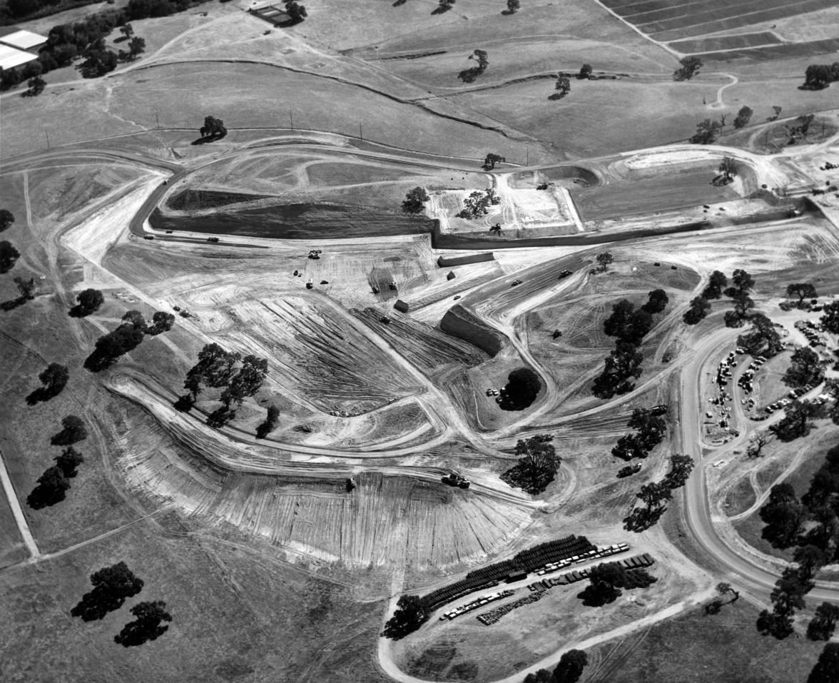 SLAC accelerator housing and end station excavation looking from north toward south, September 18, 1964.