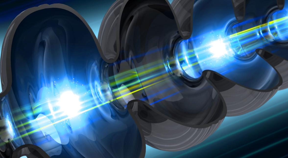 An electron beam travels through a niobium cavity – a key component of SLAC’s LCLS-II X-ray laser.