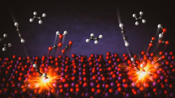 Molecules strike a material below.