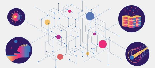 Graphic illustrating AI applications at SLAC