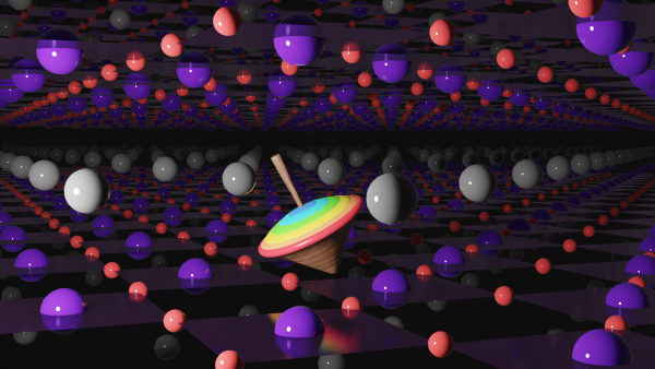 A brightly colored top is seen spinning between two layers of gray, purple and red spheres representing atoms in a nickel oxide superconductor.  The top represents a fundamental particle called a muon.