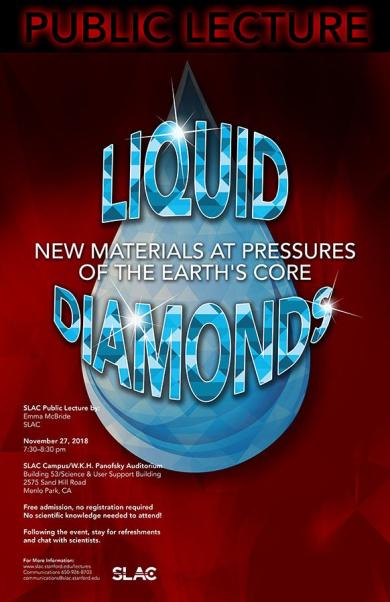 public lecture poster titled Liquid Diamonds: New Materials at Pressures of the Earth’s Core