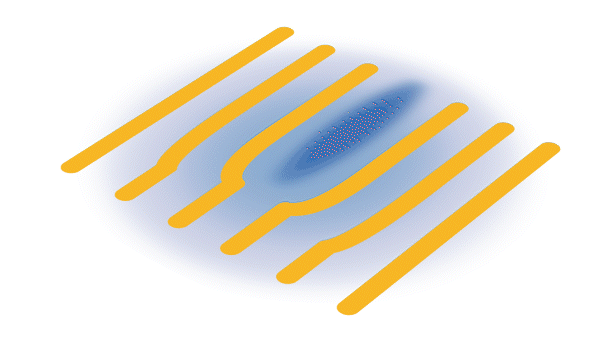 A red light shines on curved blue waves and a yellow background, straightening the waves.