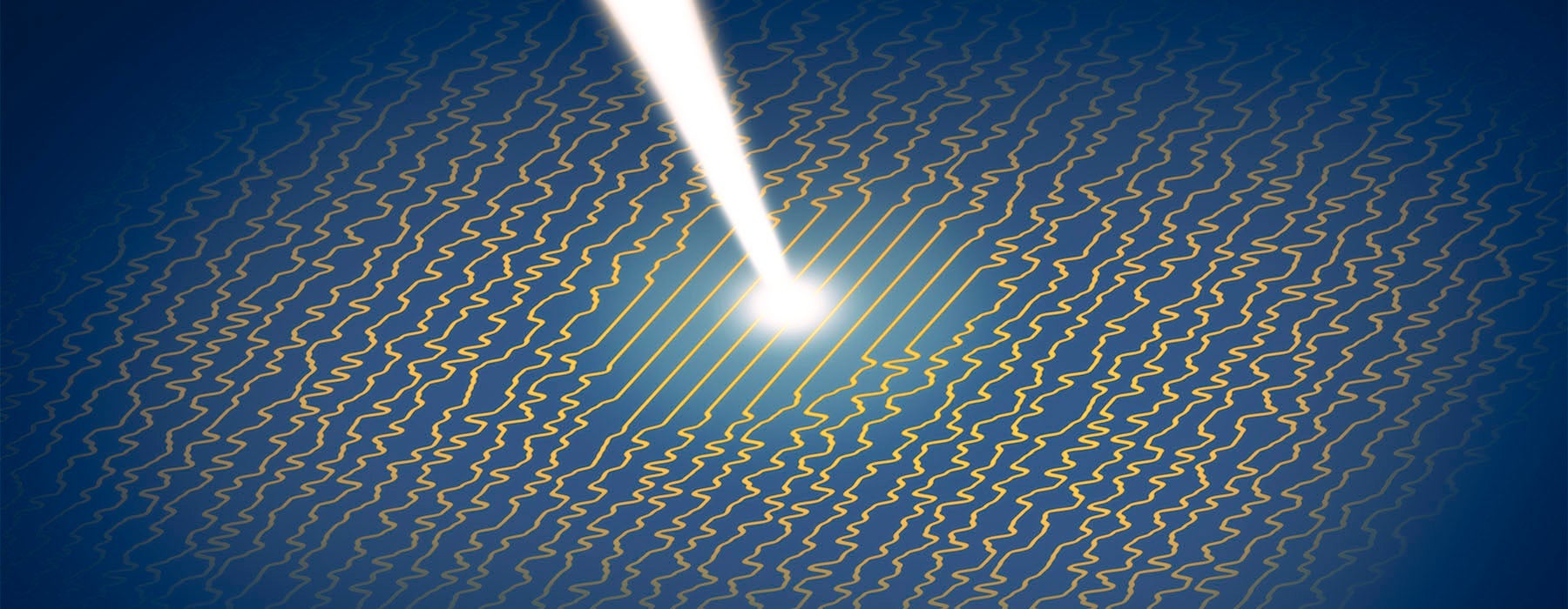 A beam of light lands on a series of squiggly lines. Where the beam lands, the lines are straight.