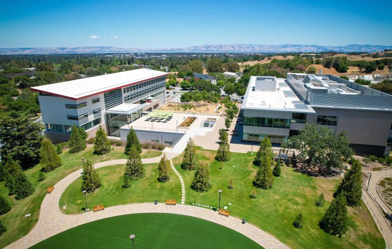 Science and User Support Building to the left and Arrillaga Science Center building to the right from above the Main Quad at SLAC's campus.
